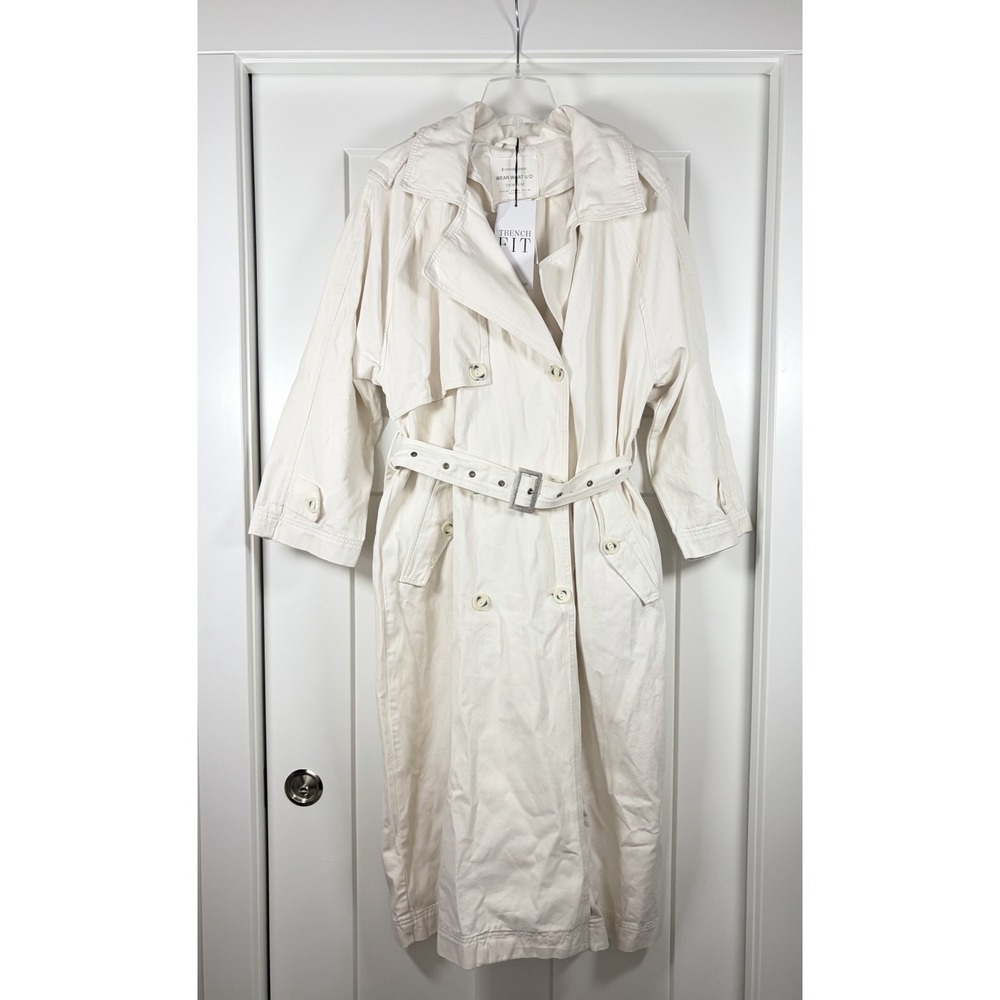 Stradivarius Trench Fit Belted Long Coat Jacket Cotton White Women's XL New